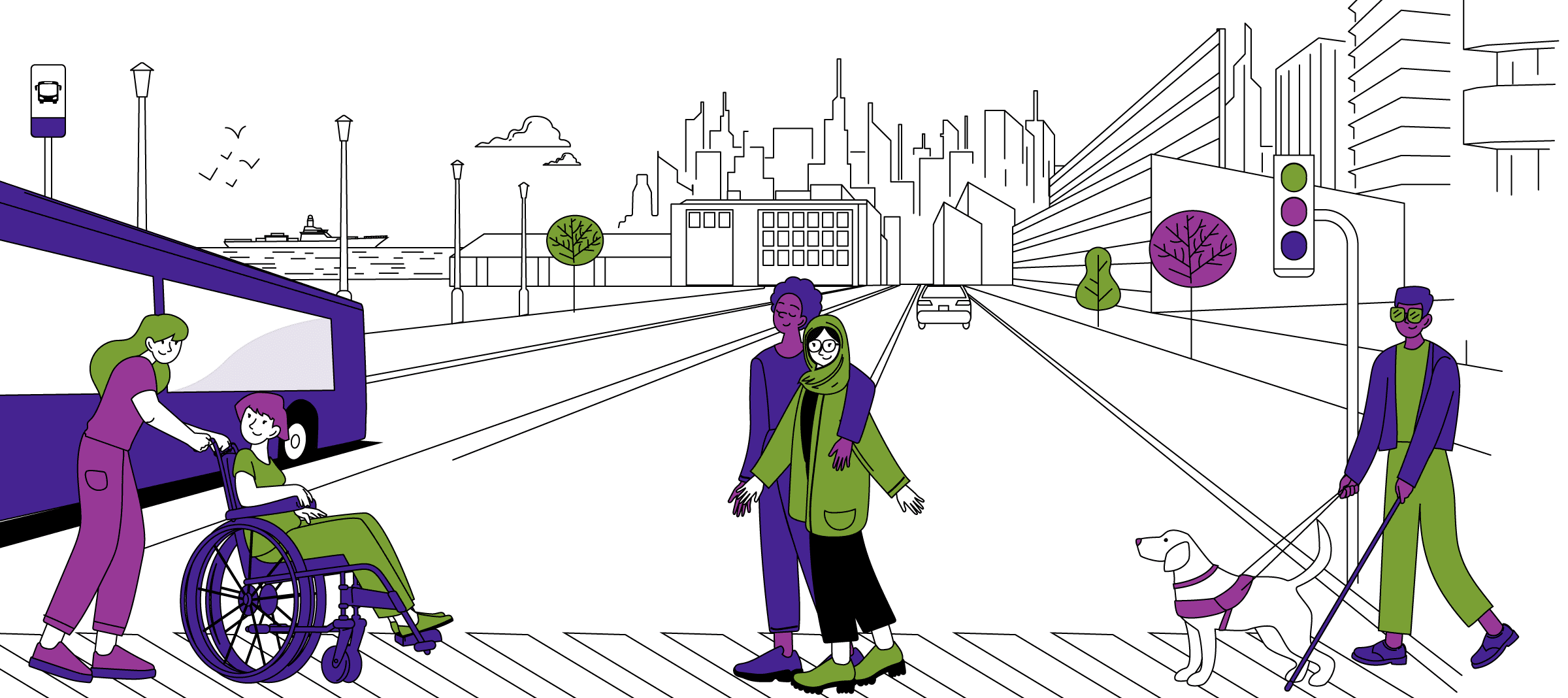 A line-style illustration that depicts an urban street scene with people with disabilities. On the left, a person in a wheelchair is being assisted to cross the street. In the center, two people walk arm-in-arm in the crosswalk. On the right, a person with a cane and a guide dog walks along the sidewalk. The background shows a simplified city skyline with buildings, trees, a traffic light, and a bus stop sign. The image aims to depict accessibility and inclusion in urban environments.